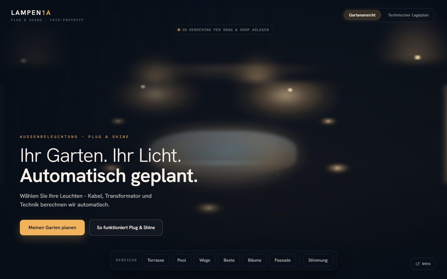 Konfigurator-Oberfläche mit Lampen1a-Branding: Gartenansicht mit Lichtpunkten, Bereichsauswahl (Terrasse, Pool, Wege, Beete, Bäume, Fassade) und Umschalter zum technischen Lageplan
